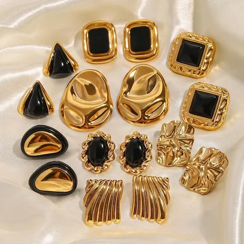 Vintage Stud Earrings Stainless Steel Black Enamel Geometric Square Triangle Waterproof Hypoallergenic Retro Chunky For Women