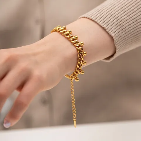 Bracciale A Maglia Cubana Da Donna In Acciaio Inossidabile Placcato Oro 18K Con Perle Rotonde