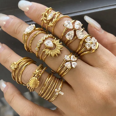 Stainless Steel Ring With Zirconia Gold Plated Waterproof Hypoallergenic Bohemian Geometric Jewelry For Women
