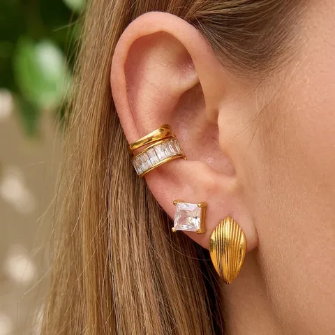 Stainless Steel Zircon Hoop And Stud Earrings Gold Plated Geometric Textured Waterproof Fashion Jewelry For Women