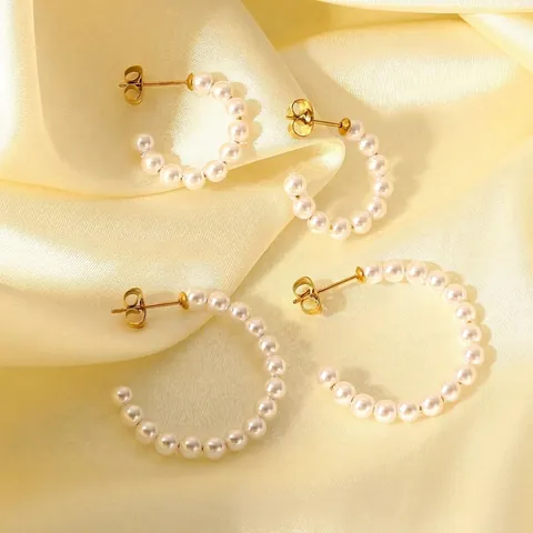 C-Vorm Hoop Oorbellen 18K Verguld Roestvrij Staal Kunstparels Frans Elegant INS Minimalistisch Knopjes Dames