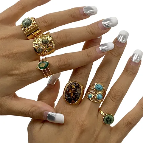 Bohemian Adjustable Rings For Women Stainless Steel Natural Stone Turquoise Malachite Retro Waterproof Jewelry