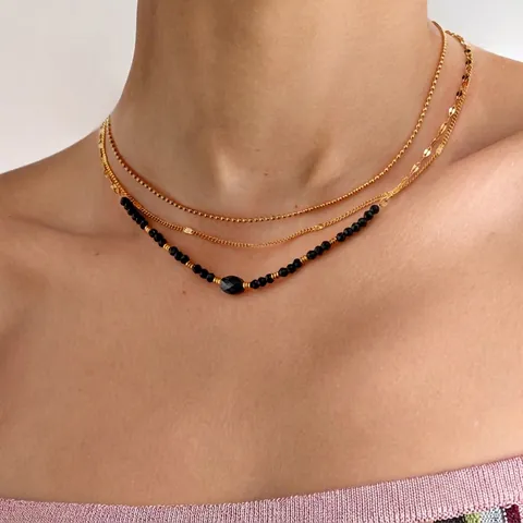 Collier Multirang Acier Inoxydable Perles Cristal Noir Pendentif Ovale Chaîne Clavicule Élégante Pour Femme