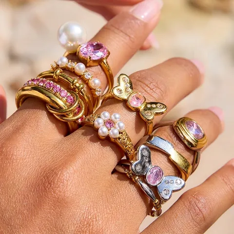 Pink Zircon Stainless Steel Ring For Women Butterfly Floral Artificial Pearl Waterproof Hypoallergenic Luxury Fashion Jewelry Gift
