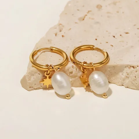 Orecchini A Cerchio In Acciaio Inossidabile Con Perla de Agua Dulce Naturale D'acqua Dolce Placcata Oro 18K E Ciondolo A Stella