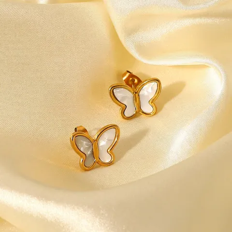 Orecchini a Bottone a Farfalla in Acciaio Inossidabile Placcato Oro Stile Francese Con Conchiglia Bianca Naturale Gioielli Donna