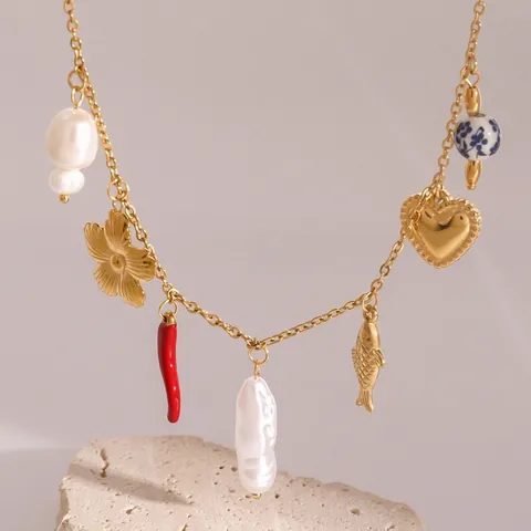 Collar De Acero Inoxidable Con Perla Barroca Artificial Cuenta De Cerámica Corazón Flor Pez Y Chiles Joyería Boho Para Mujer
