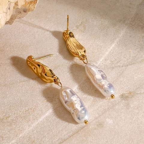 Orecchini Pendenti Con Künstliche Perle Barocche Acciaio Inossidabile Placcato Oro Texture Lava Irregolare Elegante Gioielli Moda Per Donne
