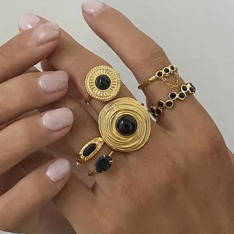 Retro Black Agate Rings Stainless Steel Gold Plated Bohemian Vintage Design For Women Trendy Fashion Jewelry Accessory