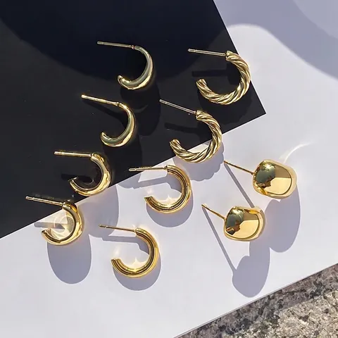 Geometric C Shape Hoop Earrings Stainless Steel Waterproof Hypoallergenic Minimalist Chunky Twisted Rope Jewelry For Women