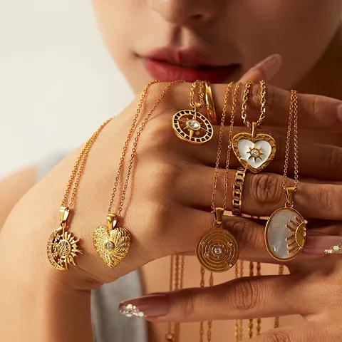 Stainless Steel Necklace Gold Plated Zircon Mother Of Artificial Pearl Heart Sun Moon Compass Angel Pendant Vintage Jewelry For Women