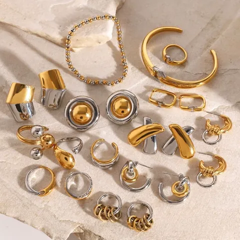 Two-Tone Stainless Steel Bracelet Ring Earring Necklace Minimalist Geometric Waterproof Hypoallergenic For Women
