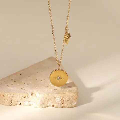 Collana Con Pendente A Moneta Rotonda Con Stella A Otto Punte Placcata Oro 18K Acciaio Inossidabile Con Zircone Gioielli Da Donna