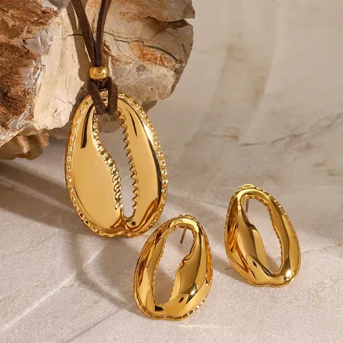 Edelstahl Kauri Muschel Anhänger Halskette 18K Vergoldet Lange Braune Schnur Boho Schmuck Für Damen