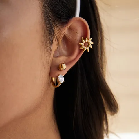 Sun Shape Stud Earrings And Oval Zircon Ear Clips Stainless Steel Waterproof Hypoallergenic Light Luxury Jewelry For Women