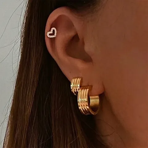 Stainless Steel Ribbed Hoop Stud Earrings For Women Gold Plated Textured Geometric Minimalist Personality Fashion Jewelry