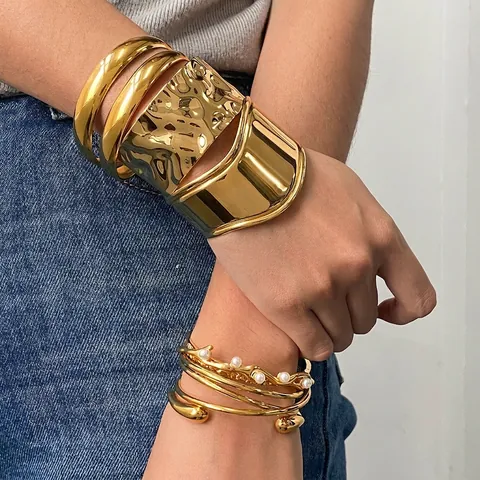 Stainless Steel Bangle Bracelet Cuff Hammered Texture Sun Pattern 18K Gold Plated Bohemian Vintage Jewelry Women Chunky