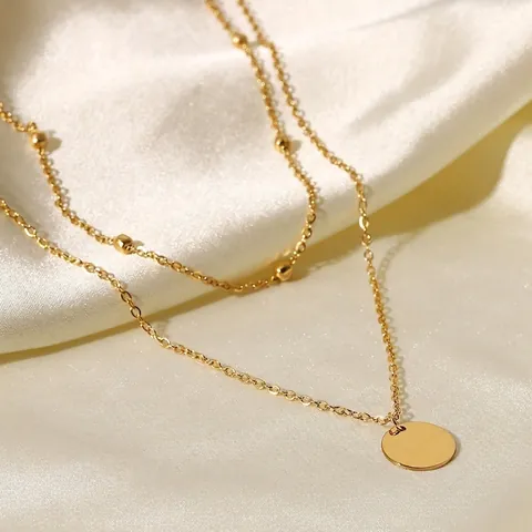 Double Layer Necklace 18K Gold Plated Stainless Steel Bead Chain Round Disc Pendant Fashion Jewelry For Women