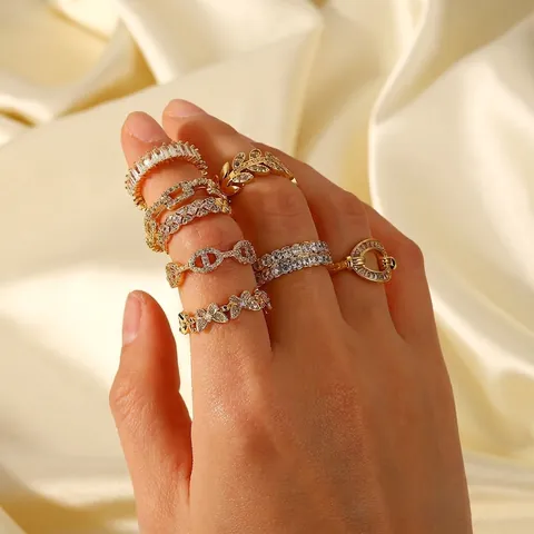 Vintage 18K Gold Plated Copper Open Rings For Women Rhinestone Inlaid Geometric Adjustable Finger Ring Ins Style Jewelry