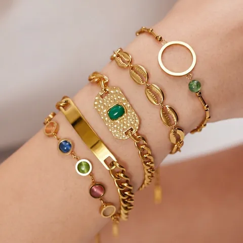 Stainless Steel Gold Plated Bracelet For Women Colorful Cat Eye Stone Cowrie Shell Cuban Chain Hip Hop Jewelry