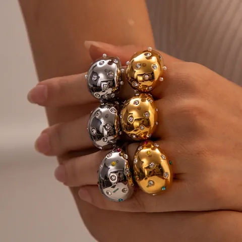 Exaggerated Stainless Steel Ring Gold Plated Colorful Zircon Inlaid Geometric Egg Shape Luxury Jewelry For Women