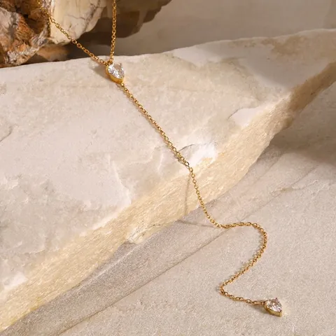 Collar en Y con Colgante de Gota de Agua de Acero Inoxidable y Strass para Mujer Cadena Larga de Oro Joyería