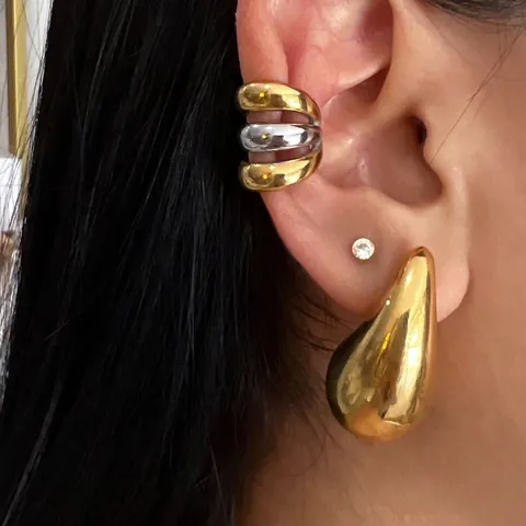 Pendientes Ear Cuff Triple Capa Acero Inoxidable Sin Agujero Geométrico Forma C Bicolor Joyería Moda Para Mujer