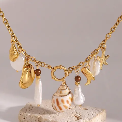 Collar De Acero Inoxidable Oro Multi Colgante Estrella De Mar Concha Perla Barroca Artificial Hebilla De Marinero Joyería De Playa