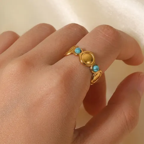 Natürlicher Türkis Ring Für Frauen Böhmisch Vintage Vergoldet Edelstahl Verstellbarer Offener Geometrischer Schmuck