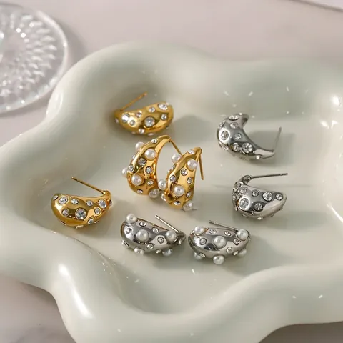 Pendientes De Botón De Gota De Acero Inoxidable Con Chapado En Oro De 18K Perla Artificial De Imitación Y Circonita Impermeable
