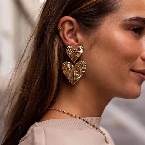 Exaggerated Double Heart Drop Earrings Stainless Steel Gold Plated Radial Texture Statement Fashion Jewelry For Women