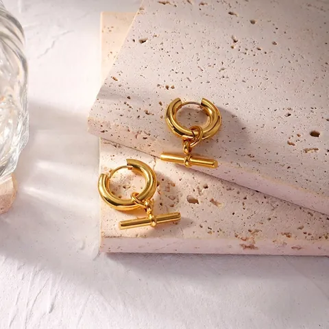 Orecchini a Cerchio Geometrici Minimalisti in Acciaio Inossidabile Placcato Oro per Donna Design di Nicchia Pendente a T