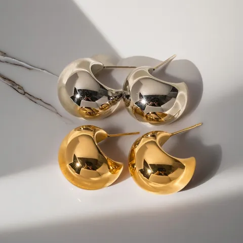 Chunky Hoop Ohrringe Edelstahl 18K Vergoldet Hochglanzpoliert Minimalistisch Hohl C-Förmig Trendiger Schmuck Für Damen