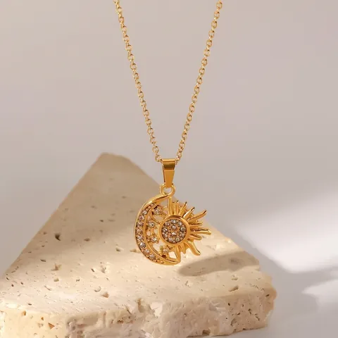 Collana Con Ciondolo Sole E Luna Placcata Oro 18K Acciaio Inossidabile Con Zircone Incastonato Gioielli Eleganti Per Donna