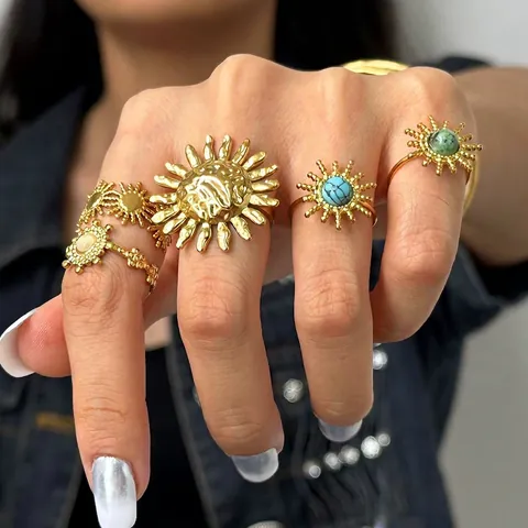 Edelstahl Ring Mit Türkis Und Zirkonia Böhmische Sonne Stern Verstellbar Vergoldet Vintage Finger Schmuck