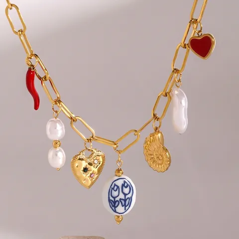 Stainless Steel Multi Charm Necklace With Artificial Baroque Pearl Ceramic Bead Shell Heart Chili Bohemian Vintage Jewelry For Women