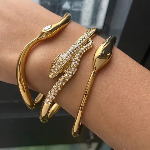Snake Bangle Bracelet For Women Stainless Steel 18K Gold Plated Zircon Inlay Waterproof Non-Tarnish Luxury Jewelry Trendy