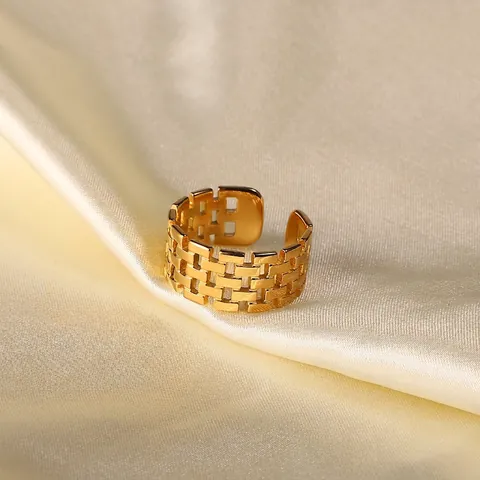 Europese Mode Brede Horlogeband Stijl Roestvrij Stalen Open Ring 18K Verguld Geweven Patroon Verstelbare Ring Voor Dames