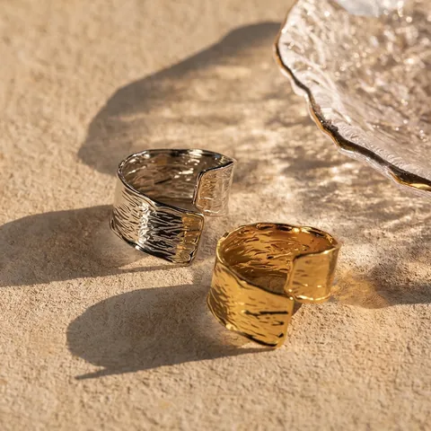 Hammered Texture Adjustable Open Ring 18K Gold Plated Stainless Steel Wrinkled Bark Pattern Fashion Jewelry For Women