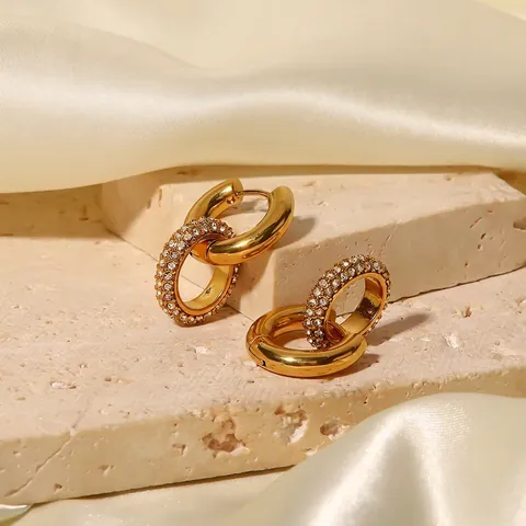 Boucles d'Oreilles Doubles Cercles Entrelacés en Acier Inoxydable pour Femme Plaqué Or avec Strass Bijoux de Mode