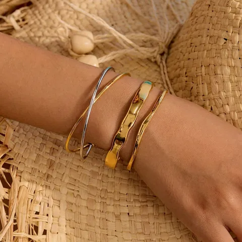 Minimalist Stainless Steel Bangle Bracelet For Women Gold Silver Plated Double Line Cross Wave Design Fashion Jewelry Gift