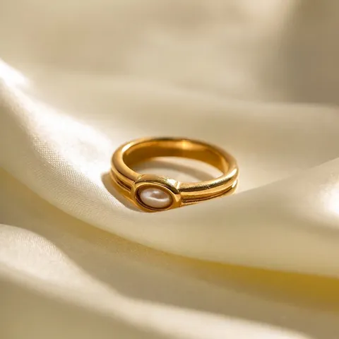 Anillo De Acero Inoxidable Chapado En Oro 18K De Doble Capa Con Perla Artificial Ovalada Joyas Geométricas Retro Elegantes Mujer