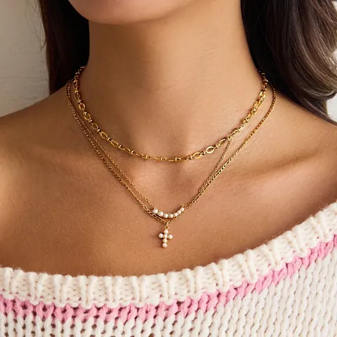 Collana Con Pendente A Croce Da Donna Acciaio Inossidabile Oro Doppio Strato Con Perla Artificial Sintetica Gioielli Impermeabili