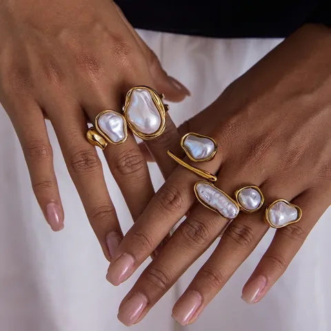 Artificial Baroque Pearl Ring Stainless Steel Gold Plated Waterproof Hypoallergenic Adjustable Open Design French Vintage Jewelry Women