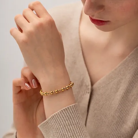 Ins Style 18K Gold Plated Stainless Steel Round Ball Drawstring Bracelet For Women Adjustable Minimalist Geometric Jewelry