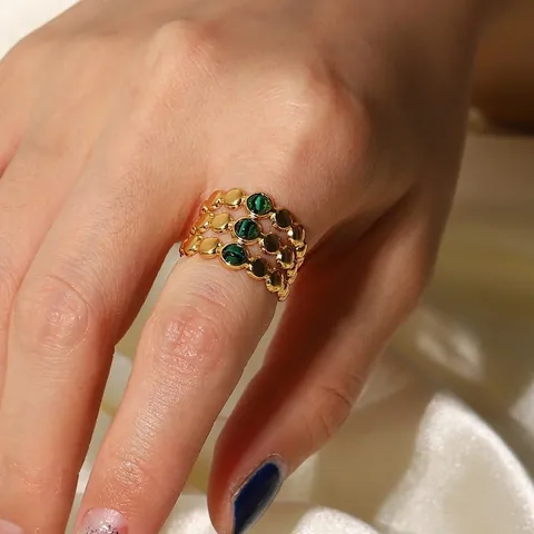 Anello Aperto A Tripla Fila Con Malachite Verde Acciaio Inossidabile Placcato Oro 18K Gioielli Geometrici Regolabili Da Donna