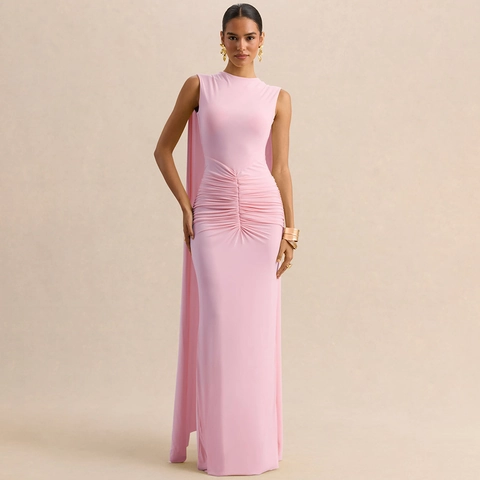 Robe De Soirée Sans Manches Polyester Froncée Coupe Ajustée Dos Nu Cape Élégante Party Maxi Pour Femmes