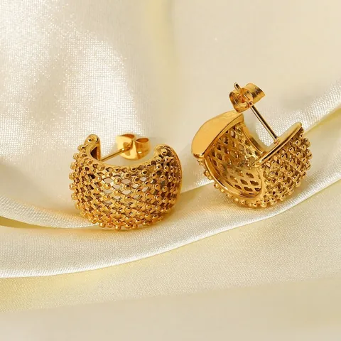 Stainless Steel Mesh Grid C-Shaped Hoop Stud Earrings 18K Gold Plated Vintage Retro Beaded Jewelry For Women