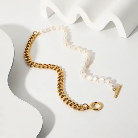 Gold Stainless Steel Freshwater Pearl Splicing Necklace For Women Cuban Chain Toggle Clasp Baroque Pearl Fashion Jewelry
