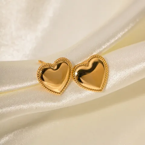 Heart Stud Earrings 18K Gold Plated Stainless Steel Beaded Edge Vintage Trendy Ins Style For Women